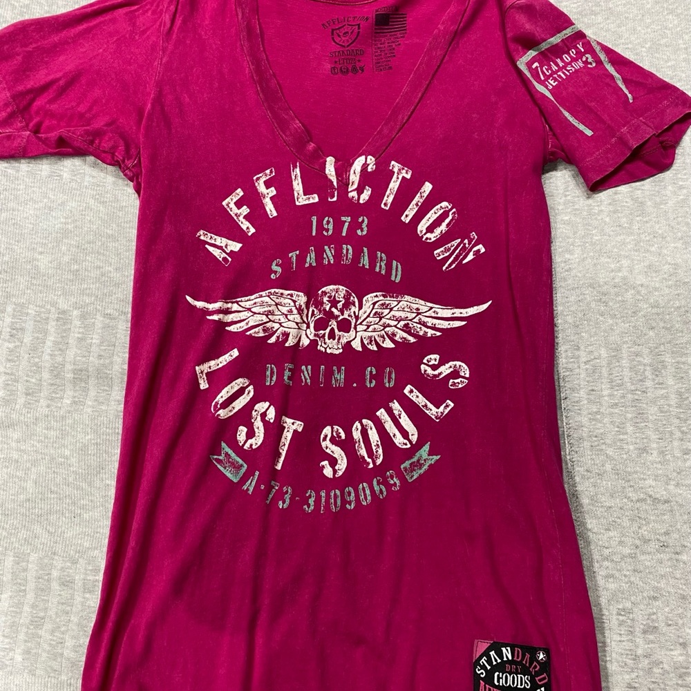 Affliction Women’s pink tshirt, size medium